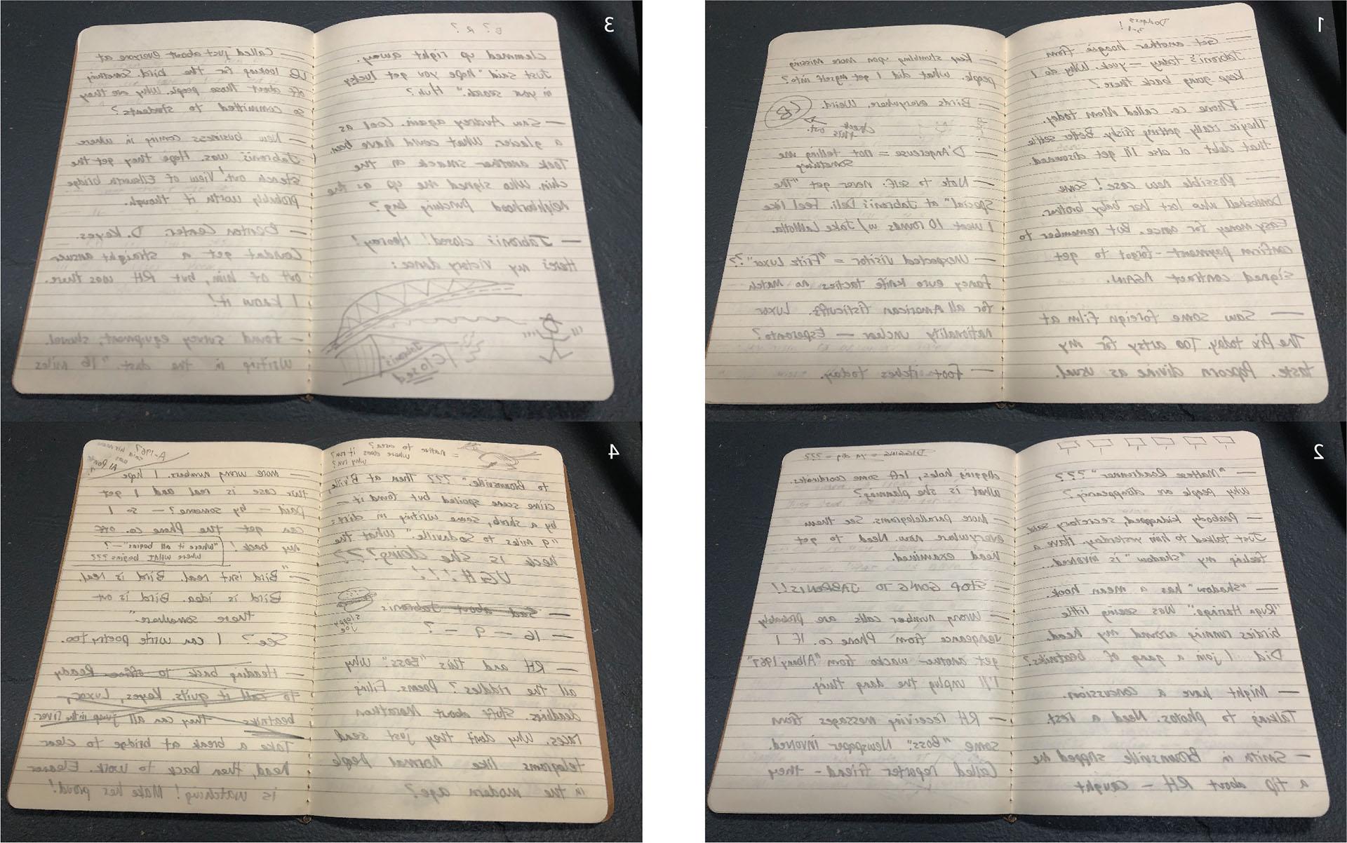 侦探彼得·派克的虚构日记照片，上面有各种笔记和图画